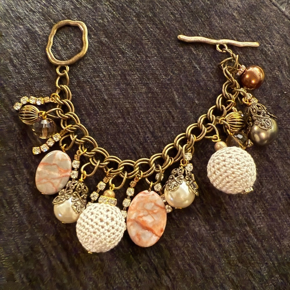 Handmade Charm Bracelet – Mixed Beads & Pearls, Gold Tone